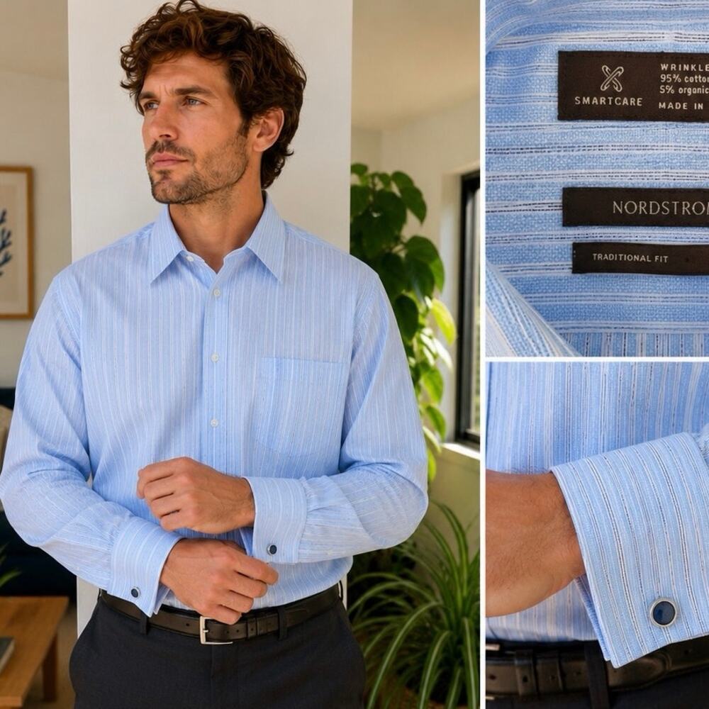 Nordstrom Smartcare Dress Shirt Men’s 17/35 Blue White Stripe needs cufflinks